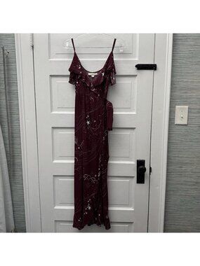 LOVESTITCH Celestial Star Moon Wrap Maxi Dress Womens S Burgundy Ruffle